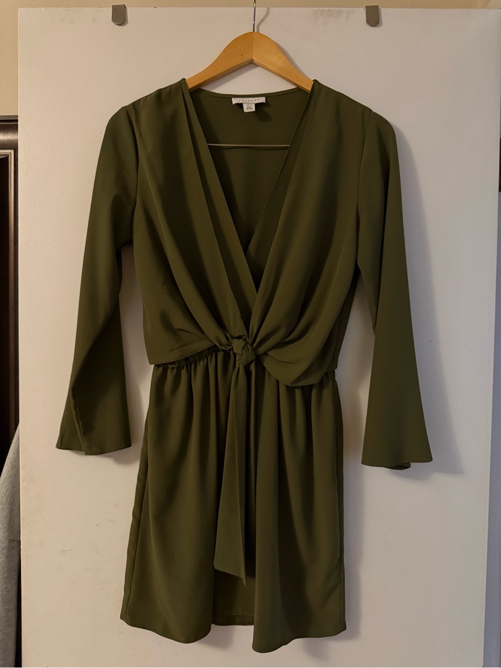 Topshop Olive Green Tie-Front Mini Dress — Size 4